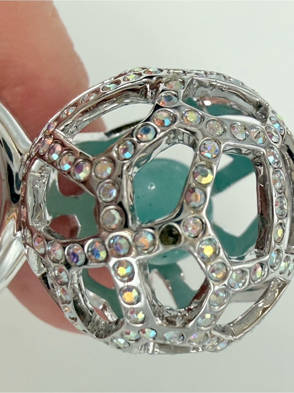 Swarovski Rhodium Silver Crystal Mesh Ball Ring AB crystals Jade Ball Inside - Picture 3 of 5